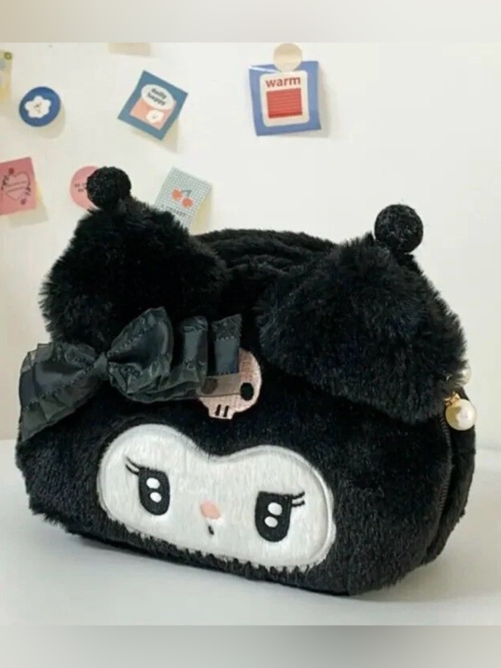 Sanario Kuromi Lolita Fluffy Cosmetics Bag. Plush Travel Case. Large Bow.